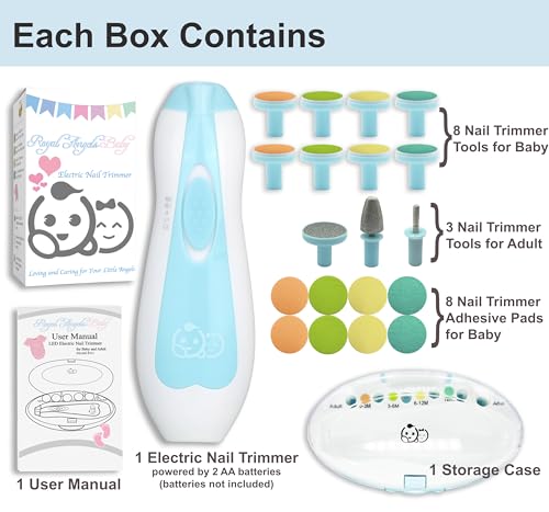 Royal Angels Baby Nail File, 21 in 1 Set with Labels, Electric Nail Kit, Extra 13 Replacement Tools, Baby Nail Trimmer, Baby Nail Care, Newborn Toddler Toes & Fingernails Clipper, Trim & Polish (Blue)