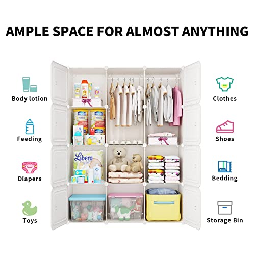 MAGINELS Kids Wardrobe Closet,Baby Closet Cabinet with Door.Baby Girls Closet Armoires Organizer for Bedroom.The Open Hanging Children Costume Area and 6 Cube Stroage.Pink(28x14x56inch)
