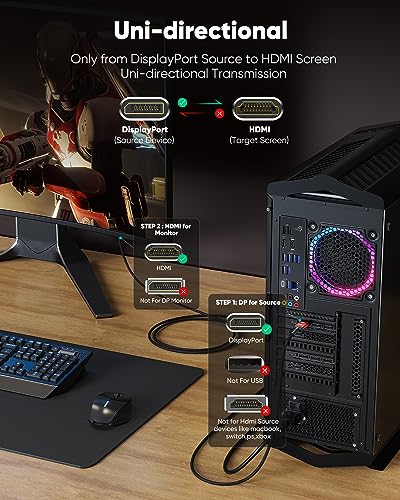 Highwings 4K DisplayPort to HDMI, 6ft Uni-Directional DP (Source) to HDMI (Display) 1.4 Cable, 4K@30Hz, 2K@60Hz, 1080P Full HD, Braided Cord for Dell, NVIDIA, AMD, Lenovo, Monitor, Projector (Grey)