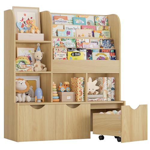 FOTOSOK 47'' Kids Bookshelf with Toy Storage, Multifunctional Bookcase with 5 Storage Cubbies and 3 Movable Drawers, Toy Storager Display Stand, Toy Organizer and Storage for Playroom,Bedroom, Natural
