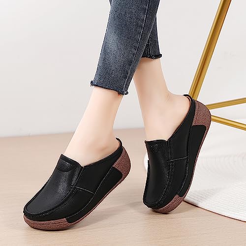 YING LAN Women Slip On Loafers Comfort Leather Wide Low Top Casual Platform Shoes B-White
