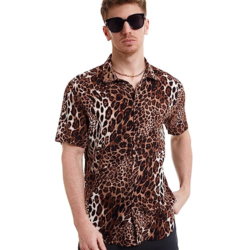 UPAAN Men's Leopard Printed Shirts Disco Short Sleeve Button Down Casual Shirt