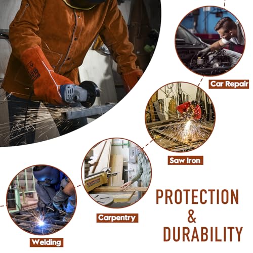 QeeLink Leather Welding Jacket - Flame-Resistant Heavy Duty Work Welder Jackets - Split Cowhide Welding Coat for Men Women (Small)