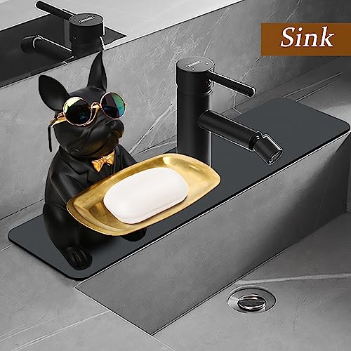 SuBleer French Bulldog Statues for Home Decor,Cute Dog Statue with Tray French Bulldog Accessories & Gifts,Black Or Brown Sculptures Home Decor,Coin Piggy Bank Storage Tray(Black)