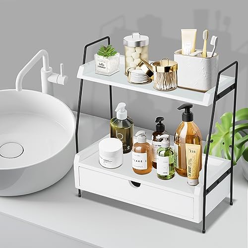 Y&ME YM 2-Tier Wood Bathroom Countertop Organizer with Drawer, 15.2"x7.5"x2.3"