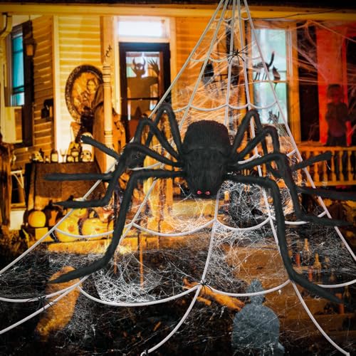 Bswalf Spider Webs Halloween Decorations Outdoor, 16.4 x 15.7 ft Triangular Spider Web + 50‘’ Scary Giant Spider, 20 g Stretch Cobwebs Outdoor Halloween Decorations for Outside Yard Garden Lawn Party