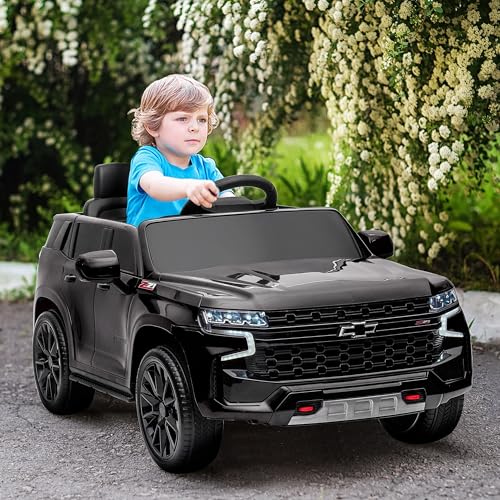 Aosom Chevrolet Tahoe Licensed Kids Ride on Car, 12V Battery Powered Kids Electric Car with Remote Control, 4-Wheeler Suspension, Music, Lights, Horn, for Ages 3-6 Years Old, Black