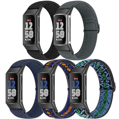 Bcuckood 5 Pack Elastic Nylon Watch Bands Compatible for Fitbit Charge 6/Fitbit Charge 5, Adjustable Breathable Replacement Stretchy Nylon Loop Wristband Sport Strap for Women Men