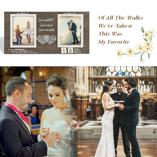 Then and Now Anniversary Picture Frame, 1-99 Years Wedding Gift Ideas, Engagement Bridal Shower Gifts, 25th Anniversary Wood Double Photo Frame for Couple, 4x6 Inches Photos