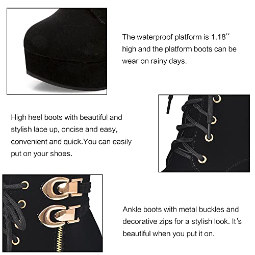 Susanny Womens Black Platform High Heel Boots Vintage Lace up Round Toe Suede Block Heeled Short Ankle Booties 12