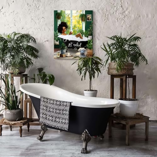 Bathroom Decor African American Wall Art Black Girl In Bathtub Canvas Wall Art Picture Modern Green Botanical Wall Decor Black Woman Framed Artwork For Bathroom Bedroom 8"X10"