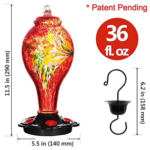 LUJII Hand Blown Glass Hummingbird Feeder for Outdoors Hanging with Ant Guard, 25 fl.oz, Leak Proof & Rustproof, Metal Base with 5 Feeding Ports & 5 Perches, Unique Garden & Backyard Decor (Purple)