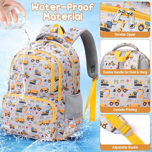 Fimibuke Kids Backpack for School Boys - 3PCS Waterproof Toddler School Bag Cute Bookbag Set with Lunch Box & Pencil Case for Preschool Kindergarten Elementary Back to School Student Ages 3-12, Trucks