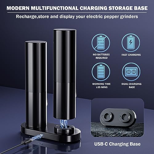 Electric Salt and Pepper Grinder Set with Rechargeable Base & LED Light - Upgraded Automatic Refillable Pepper Mill Shakers - Adjustable Coarseness, One-Hand Operation for Kitchen(2 Pack, Black&Black)