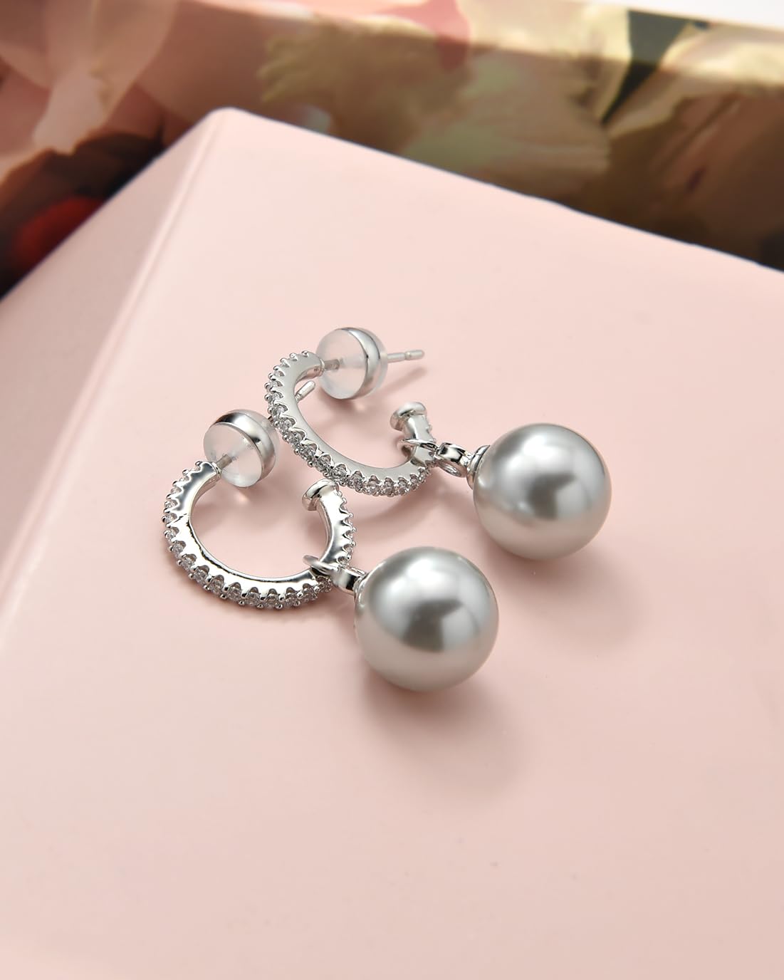 KZZENKI Grey Pearl Earrings for Women, Sterling Silver Post Drop Earrings, Open Hoop Peal Dangle Earrings Bridal Jewelry Gift