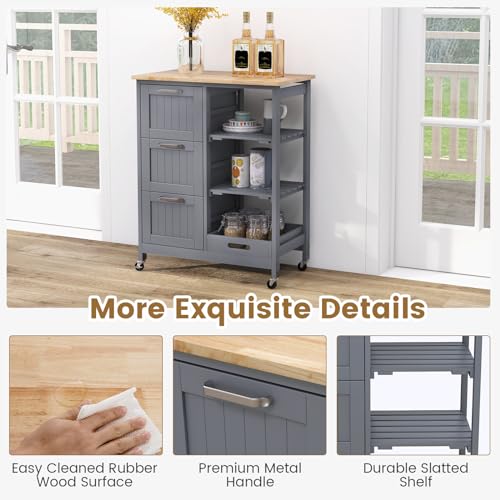 GOFLAME Kitchen Island Cart on Wheels with Storage, Versatile Rolling Cart with Wood Countertop, 3 Drawers, Removable Tray & Lockable Casters, Mobile Serving Trolley for Kitchen, Dining Room, Grey