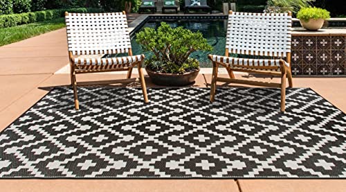 Rugshop Maui Contemporary Geometric Reversible Crease-Free Waterproof Premium Recycled Plastic Outdoor Rugs for Patio,Backyard,RV,Deck,Picnic,Trailer,Beach,Camping Black 3' x 5'