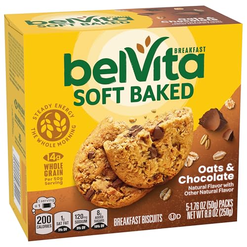 belVita Soft Baked Oats & Chocolate Breakfast Biscuits, Chewy Breakfast Bars, 6 Boxes of 5 Packs (1 Biscuit Per Pack)