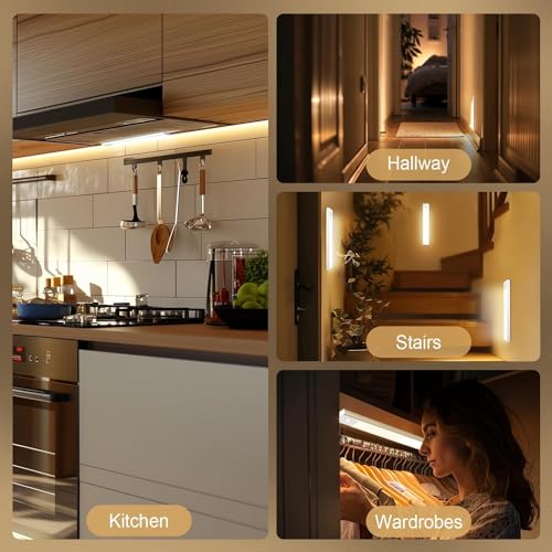 Under Cabinet Lighting, 2 Pack 8 Inch 62 LED 3 Color Temperatures Motion Sensor Light indoor, USB Rechargeable Under Cabinet Lights, Stick-On Magnetic Closet Lights, Led Lights for Room, Stair