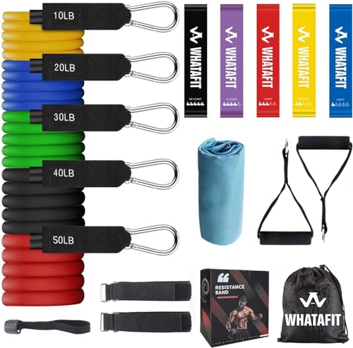 Whatafit Resistance Bands Set (11pcs), Exercise Bands with Door Anchor, Handles, Carry Bag, Legs Ankle Straps for Resistance Training, Physical Therapy, Home Workouts