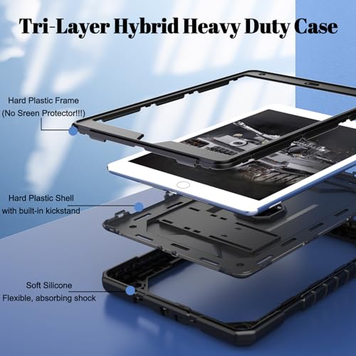 TIMISM Case for iPad 9th/8th/7th Generation(10.2 inch)-Complete Protection with Screen Protector, Adjustable Shoulder Strap, Kickstand and Pencil Holder, Heavy Duty Shockproof Protective Cover, Black