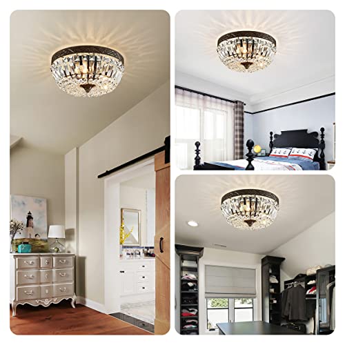 WUZUPS Crystal French Empire Chandelier Semi-Flushmount Ceiling Light Modern Lighting Fixture for Bedroom Hallway Bar Kitchen Bathroom, H 7.3" x W 14.2", Anqitue Black, E12 Base