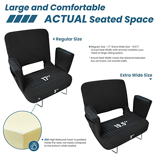 TOPSKY Stadium Seat with Back Support, Extra Wide 21.2”Width (Seat 19.5”), 3 Reclining Positions, Wide Bleacher Seats with 2 Hook, Picnic Seat (2pcs Black)