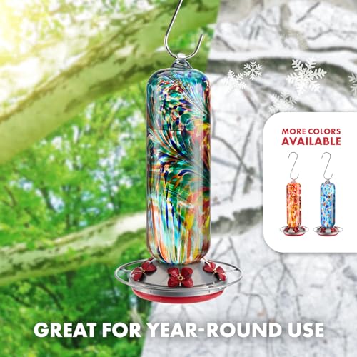 Twinkle Star Hummingbird Feeder Glass, 28fl.oz Hummingbird Feeders for Outdoors Hanging, 5 Feeding Ports & Perch Ring, Hand Blown, Hummingbirds Gifts, Garden Decor, incl.S Hook, Ant Moat, Rope (Red)