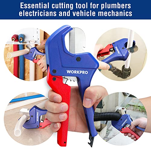 WORKPRO Ratchet PVC Pipe Cutter, Up to 1-5/8", Plastic Pipe and Tubing Cutter for PEX, PVC, PPR, and Plastic Hoses, High-quality Aluminum Die-casting Body with Sharp Stainless Steel Blades