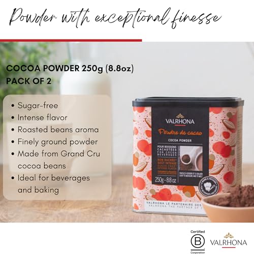 Valrhona Dark French Cocoa Powder. Chef’s Choice Cocoa Powder. Warm, Red Color, Pure, Dark, Intense Flavor. Poudre de Cacao. Great for Desserts and Hot Chocolate. Kosher. 250g (Pack of 2)