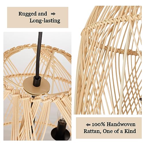 Rosient Farmhouse Rattan Pendant Light Fixture, 16 Inch Large Boho Handwoven Hanging Ceiling Mount Lamp Shade, 3-Light Rustic Wicker Chandelier for Kitchen Dining Living Room Bedroom Hallway Foyer
