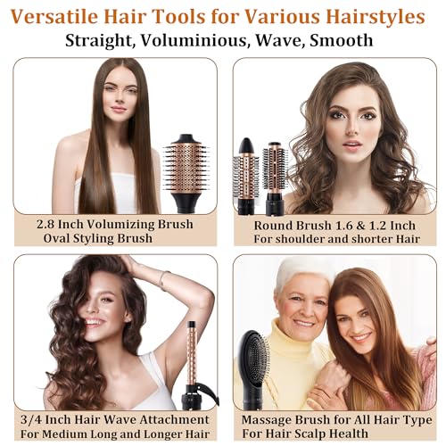 Hair Blow Dryer Brush Set - Versatile Detachable Negative Ion Styler Kit, Ceramic Barrel Hot Air Brush Tools for Volumer, Dry, Slightly Curly, for Women Middle to Long Hair