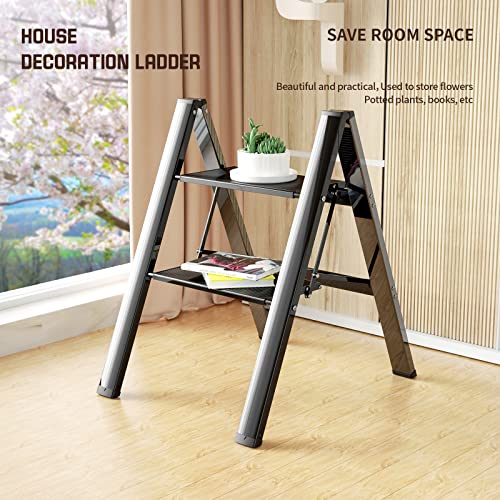 Step Ladder Folding 2 Step Stool Aluminium Anti-Slip Wide Pedal Portable Stepladder Storage Shelf Rack Home Kitchen Lightweight Ladders,Black