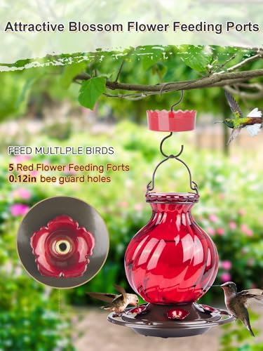 Hummingbird Feeder, Auslar 26 Ounces Glass Hummingbird Feeders for Outdoors Hanging Ant and Bee Proof, Ant Moat & 5 Flower Feeding Ports, Rustproof, Leakproof, Netted Flower Bud Shape Bottle, Red
