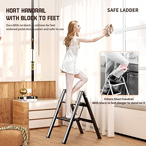 Step Ladder Folding 2 Step Stool Aluminium Anti-Slip Wide Pedal Portable Stepladder Storage Shelf Rack Home Kitchen Lightweight Ladders,Black