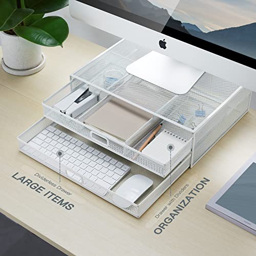 HUANUO 2 Tier Monitor Stand, Metal Monitor Riser with Drawer, Desk Organizer, Monitor Stand with Storage, Desktop Computer Stand for PC, Laptop, Printer