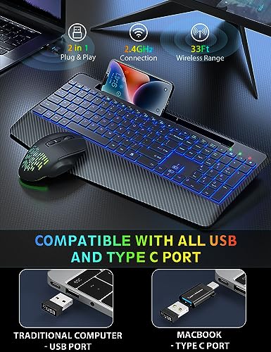 Wireless Keyboard and Mouse Backlits, Wrist Rest, Jiggler Mouse, Rechargeable Ergonomic Keyboard with Phone Holder, Silent Light Up Combo for Computer, Mac, PC, Laptop, Chromebook (Black)
