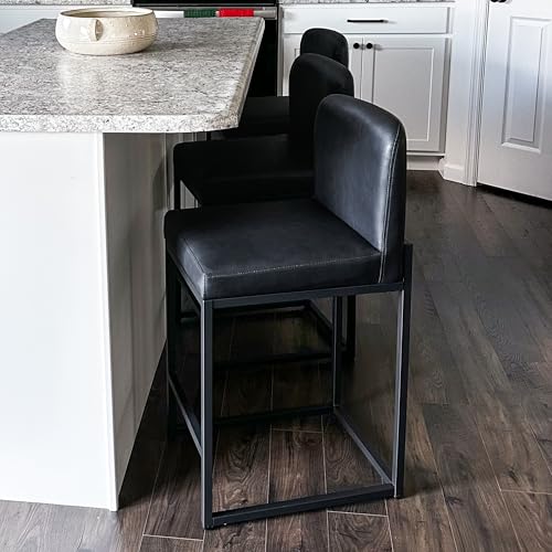 ALPHA HOME Counter Height Bar Stools, 24” Kitchen Counter Stools Set of 1, Pu Leather Kitchen Modern Bar Chairs with Back&Footrest, Sturdy Chromed Metal Steel Frame, Black
