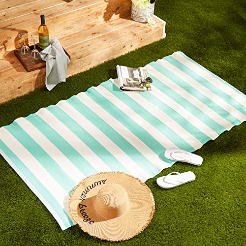 DII Outdoor Rug Collection Reversible Woven Polypropylene Plastic Straw Mat, 3x6-Feet, Aqua & White
