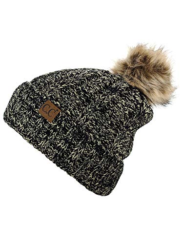 C.C Thick Cable Knit Faux Fuzzy Fur Pom Fleece Lined Skull Cap Cuff Beanie, Lt Pink/Beige Mix