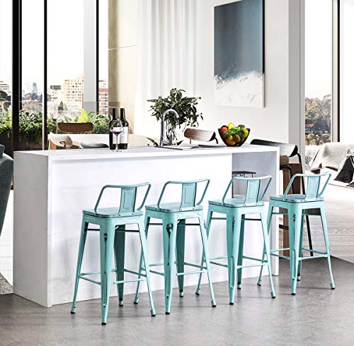 Alunaune 24" Metal Bar Stools Set of 4 Industrial Counter Height Barstools Kitchen Counter Stool Wood Top Low Back-Distressed Blue