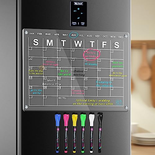 YEEYAA 2024 Calendar for Fridge, 16''x 12'' Clear Acrylic Fridge Calendar Dry Erase Magnetic with 6 Colors Liquid Markers, Reusable Monthly Planner for Refrigerator