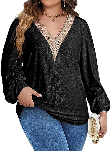 Eytino Womens Plus Size Tops V Neck Long Lantern Sleeve Casual Loose Blouses Office Shirts,1X Black