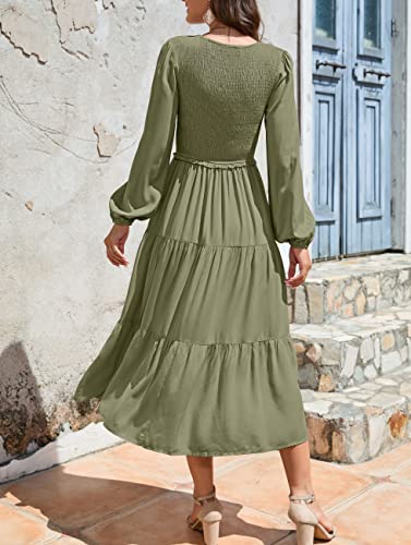 MEROKEETY Women's Long Ballon Sleeve V Neck Dress Smocked Casual Solid Ruffle Flowy Swing Dresses,Wine,M