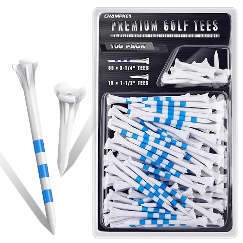CHAMPKEY Premium 3 Prongs Plastic Golf Tees 50 Pack / 100 Pack | 85 Driver Tees with 15 Iron/Hybrid Tees Mixed Pack | Low Friction and Resistance Golf Plastic Tees (50 Pack, 3-1/4")