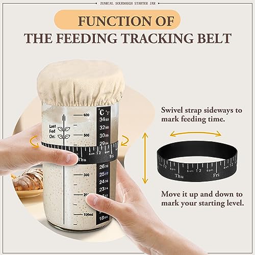 zunmial Sourdough Starter Jar, Sourdough Starter Kit with Date Marked Feeding Band, Thermometer, Cloth Cover & Metal Lid, Reusable Sourdough Bread Baking Supplies, Home Baking Supplies