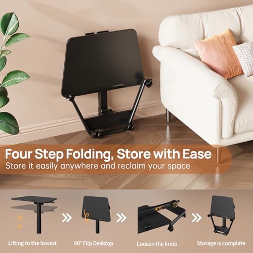 JYLH JOYSEEKER Foldable Mobile Standing Desk, Pneumatic Height Adjustable Rolling Sit Stand Desk, 90° Tiltable Portable Laptop Desk on Wheels, Mobile Desk Workstation for Home Office, Easy to Fold
