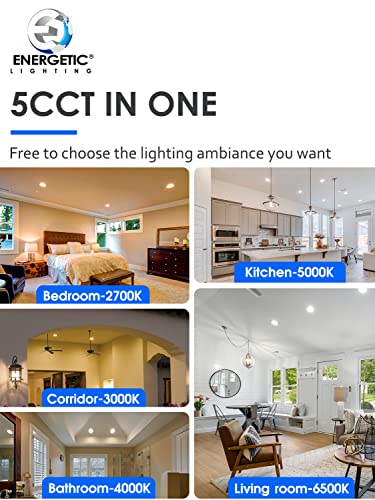 Energetic 6 Pack 6 Inch 5CCT Ultra-Thin LED Recessed Ceiling Light with Junction Box, 2700K/3000K/4000K/5000K/6500K Selectable, 12W 120W Eqv, 900LM, Dimmable Canless Wafer Downlight, IC Rated, ETL&FCC