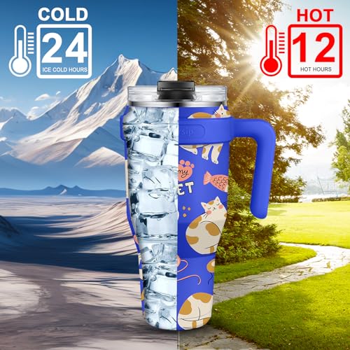 Sursip 40 oz Insulated Tumbler with Screw Lid - Stainless Steel Vacuum Cup with Straw and Handle, For Cold/Hot Drinks - Sweat/Leak Proof, Fits Cup Holder, Ideal Gifts for Women/Men (White Leopard)