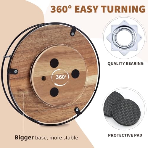 9" Acacia Wood Lazy Susan Turntable, Tomoaza Kitchen Organizer Turntable with Steel Sides, 360 Degree Lazy Susan for Countertop Cabinet or Dining Table